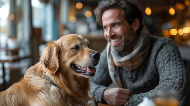 Photo golden retriever enjoying companionship with a smiling man in a cafe concept of petfriendly places and animalhuman bond