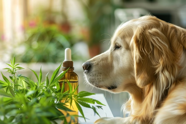 A golden retriever gazes intently at a dropper bottle and leaves on a table set in a bright plantfilled room