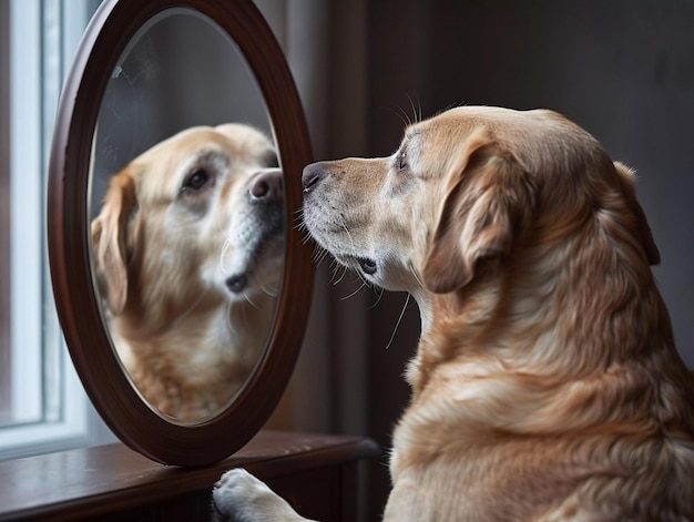 Photo golden retriever gazes thoughtfully at its reflection in a round mirror near a window