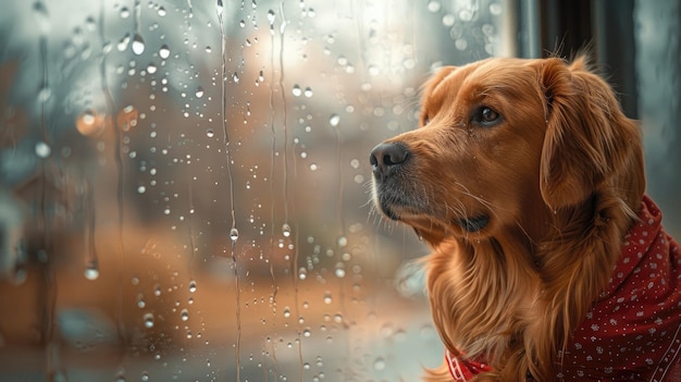 Golden Retriever Gazing Through Rainy Window