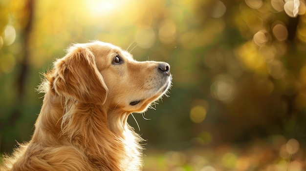 Golden Retriever gazing upwards in sunlight with autumnal bokeh background