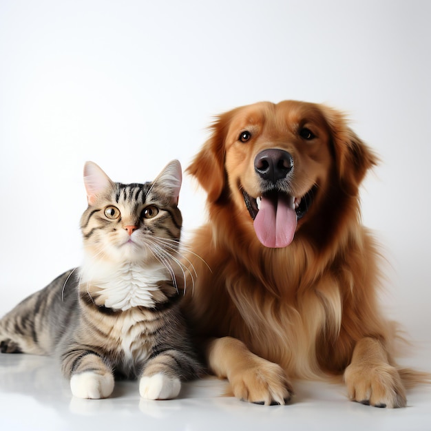 Golden Retriever and Ginger Cat against White Background