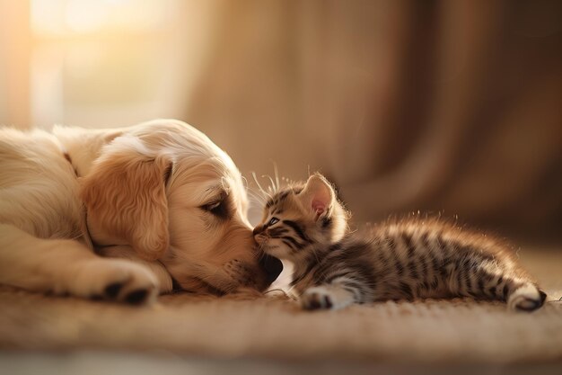 A golden retriever and a gray and white cat are laying on a carpet