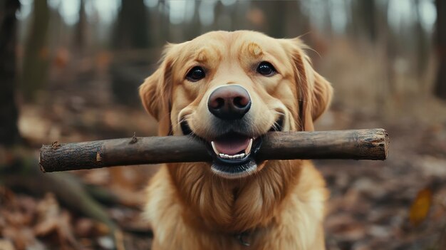 Photo golden retriever happily carries a stick in a wooded area during autumn