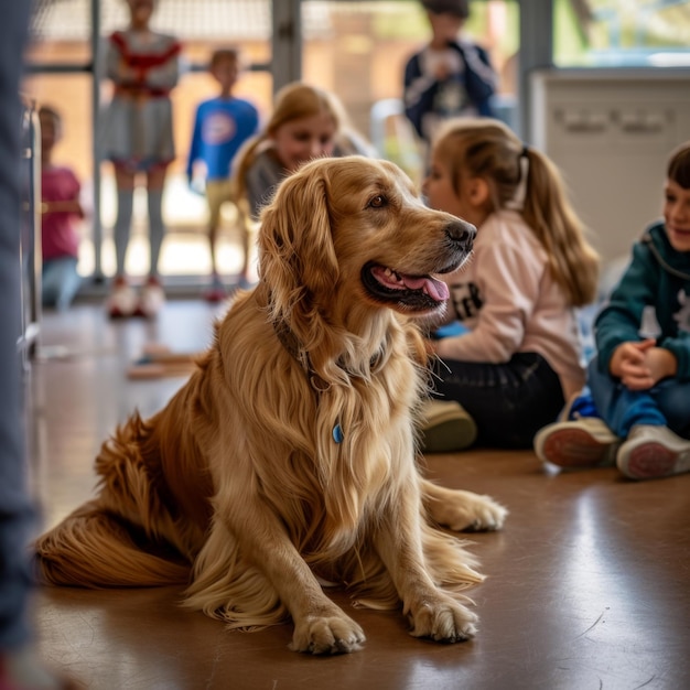 Golden retriever inside a classroom with children in the background Focus on dog Warm and welcoming atmosphere Suitable for educational or pet care advertisement Generative AI