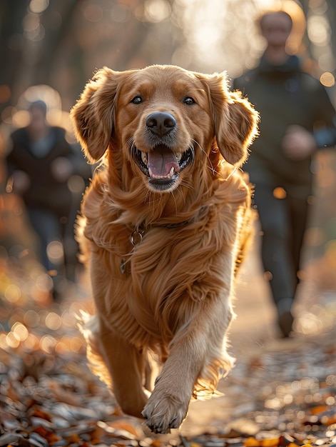 A golden retriever is energetically running through a pile of fallen leaves in a park during autumn