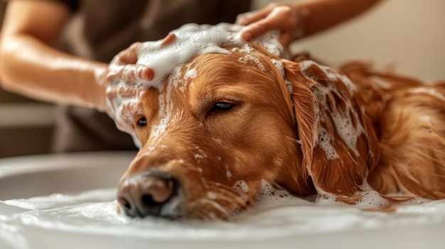 Photo a golden retriever is pampered with bubbles during a soothing bath