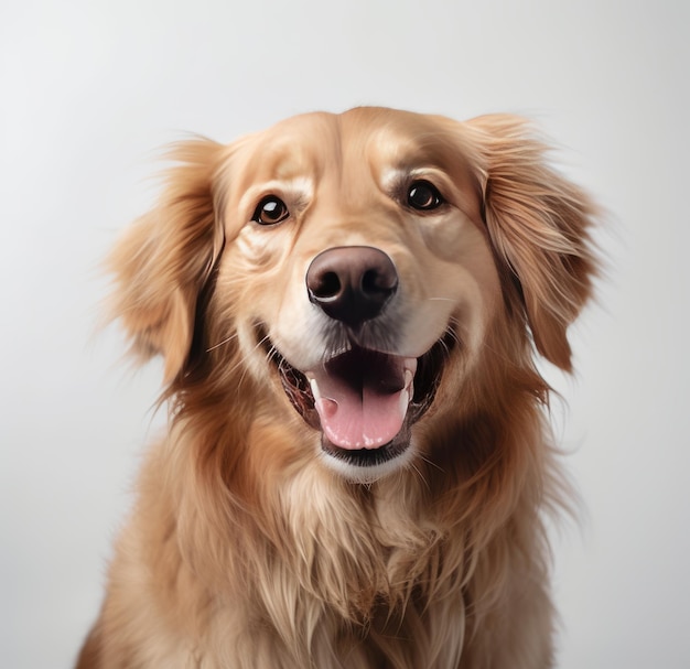 A golden retriever is sitting in front of a white background.