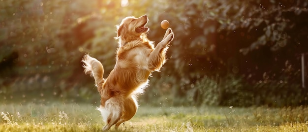 Photo a golden retriever joyfully jumps and catches a ball in a sunlit field with greenery blurred in the background