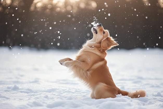 A golden retriever joyfully plays in the snow during winter in a sunlit outdoor setting while catching snowflakes