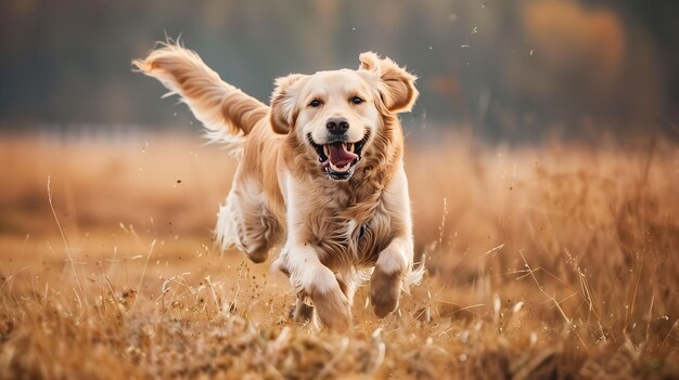 Photo golden retriever joyfully running in an autumn field