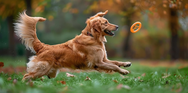 Photo golden retriever jumping for treat in backyard