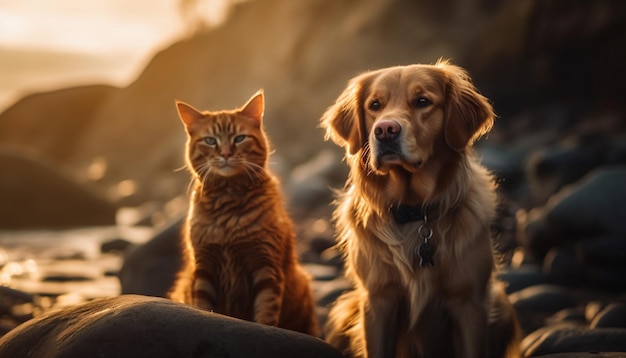 Golden retriever and kitten enjoy summer sunset generated by AI