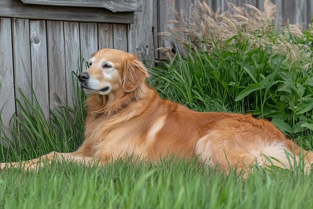 Photo golden retriever laying in grass photo