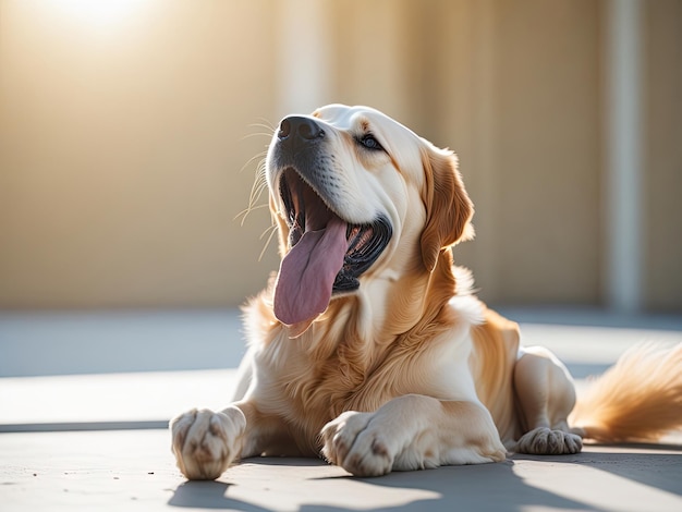 Golden retriever licking an ice cream ai generative