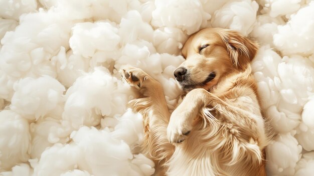 Photo a golden retriever lies contentedly amidst a sea of white fluffy textures creating a tranquil cloudlike environment