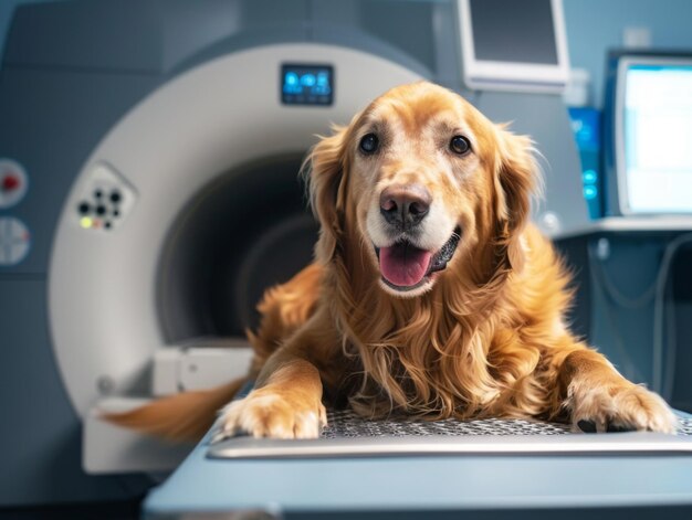 Photo a golden retriever lies still on an mri machine table in a veterinary clinic illustrating advanced d