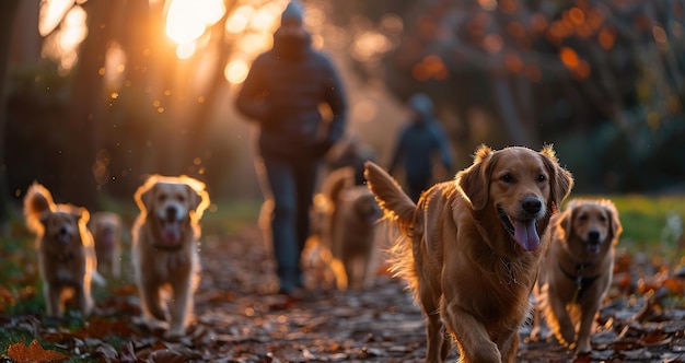 Golden Retriever Pack Walking Through The Woods