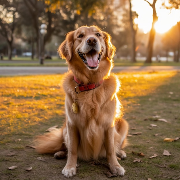 a golden retriever in the park sitting down