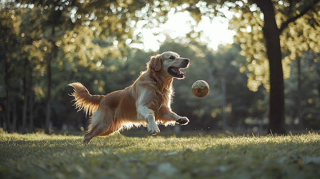 A golden retriever playfully fetching a ball in a lush park animal companionship dynamic action sh