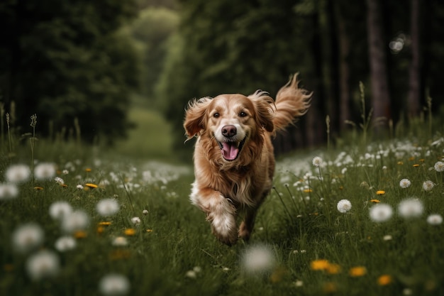 Golden retriever playing in the field with flowers generative IA