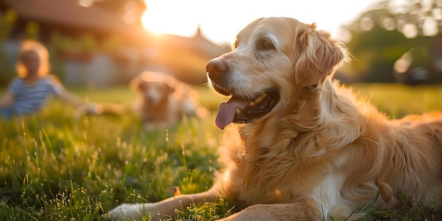 Golden retriever playing with family in backyard Concept Family Pets Backyard Fun Dog Photography Happy Moments