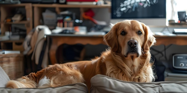 Golden retriever posing in a cluttered room with technology in the background Concept Pet Photography Interior Design Technology Posing Techniques Golden Retriever