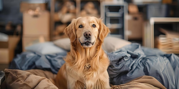 Golden retriever posing in messy room with technology in background Concept Pet Photography Indoor Setting Technology Messy Room Golden Retriever