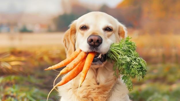 A golden retriever proudly sports a mouthful of fresh carrots