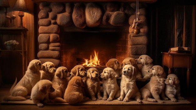 Golden retriever puppies rest on a minimalistic background Generative AI