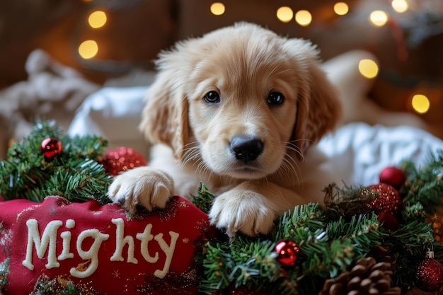 Photo the golden retriever puppy dog was a surprise present under the christmas tree he is surrounded by gifts decorations and holiday lights