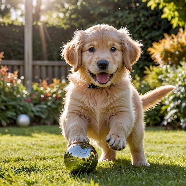 a golden retriever puppy is playing with a ball in the grass