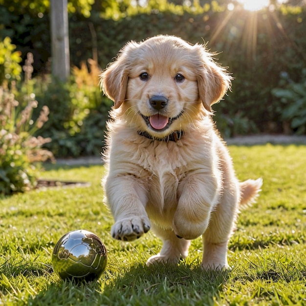 Photo a golden retriever puppy is running with a ball in his mouth