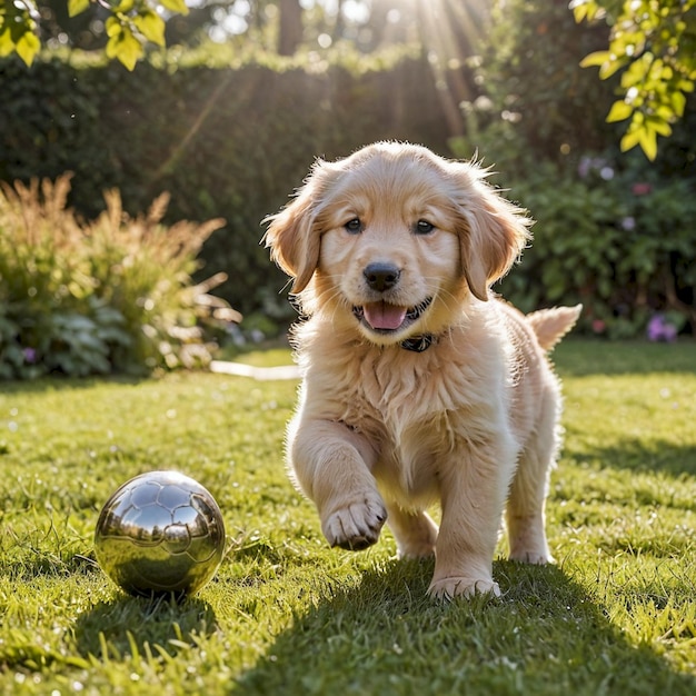 Photo a golden retriever puppy is standing in the grass with a ball in his mouth