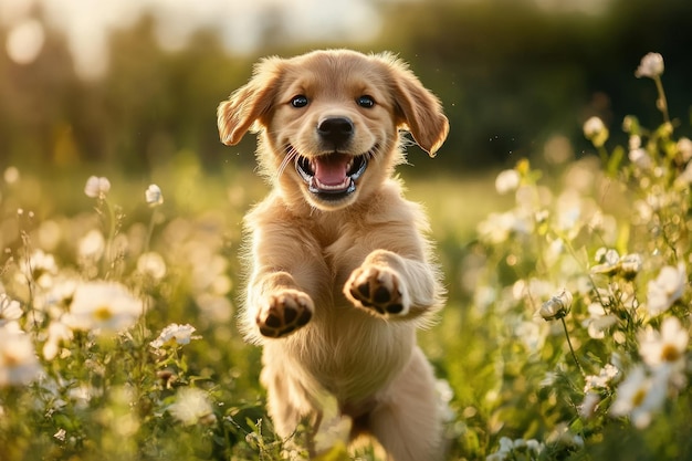 Photo golden retriever puppy joyfully playing in a meadow