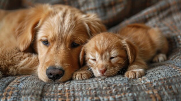 Photo golden retriever puppy and kitten resting on blanket