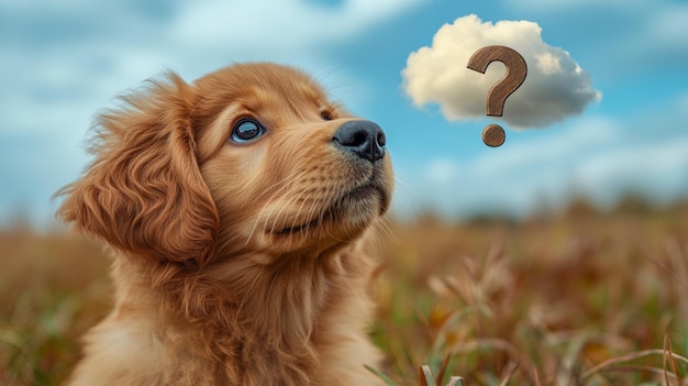 Photo golden retriever puppy looking at question mark cloud in field curiosity and wonder concept