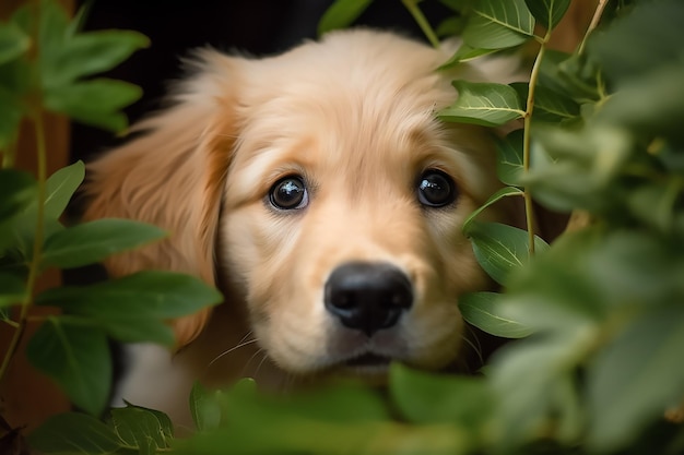 A golden retriever puppy looks out from a bush.