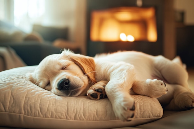 Photo golden retriever puppy napping by the fireplace