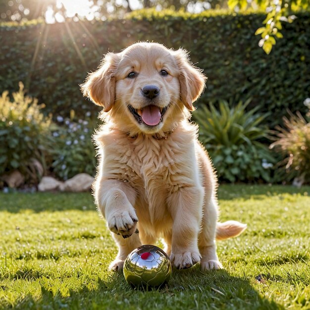 a golden retriever puppy playing with a ball in the grass