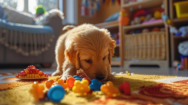 Photo golden retriever puppy playing with toys