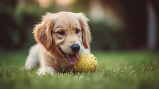 A golden retriever puppy playing with a yellow ball