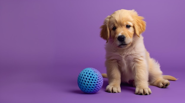 A golden retriever puppy sits on a purple background next to a blue and purple rubber ball