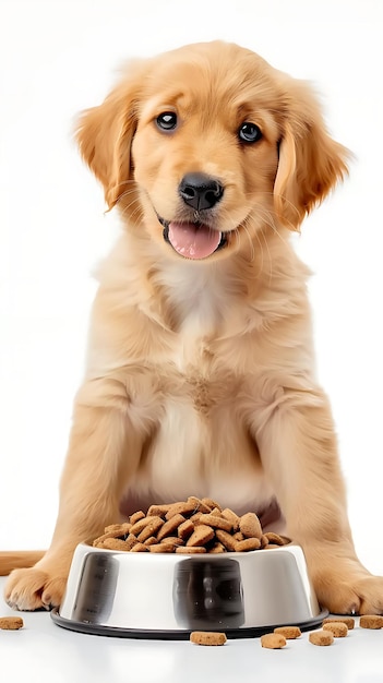 Golden Retriever puppy sitting with a large bowl