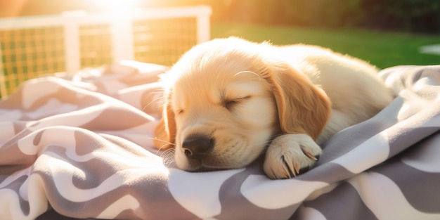 A golden retriever puppy sleeps on a blanket in the sun