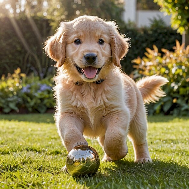 a golden retriever puppy with a ball in his mouth