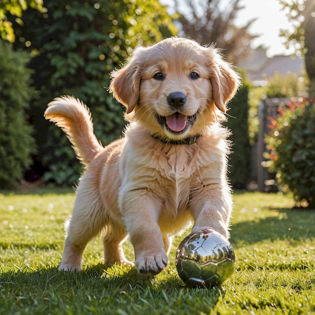 a golden retriever puppy with a ball in his mouth