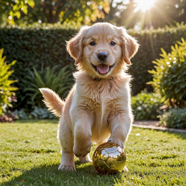 a golden retriever puppy with a ball in his mouth