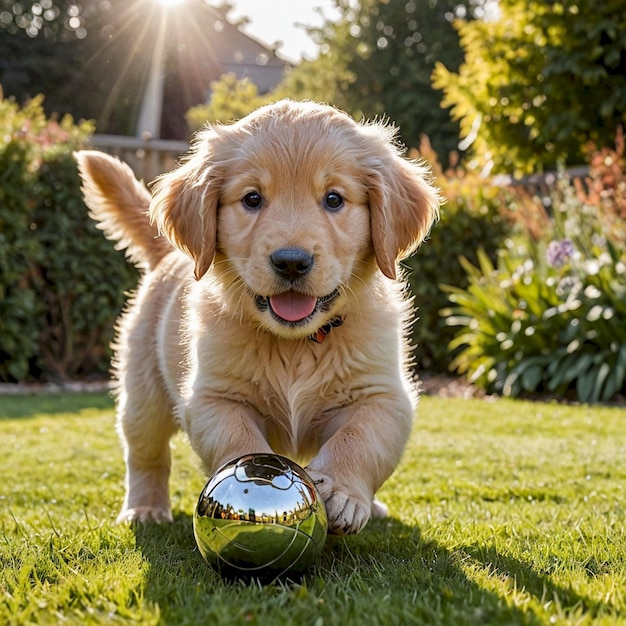 Photo a golden retriever puppy with a ball in its mouth