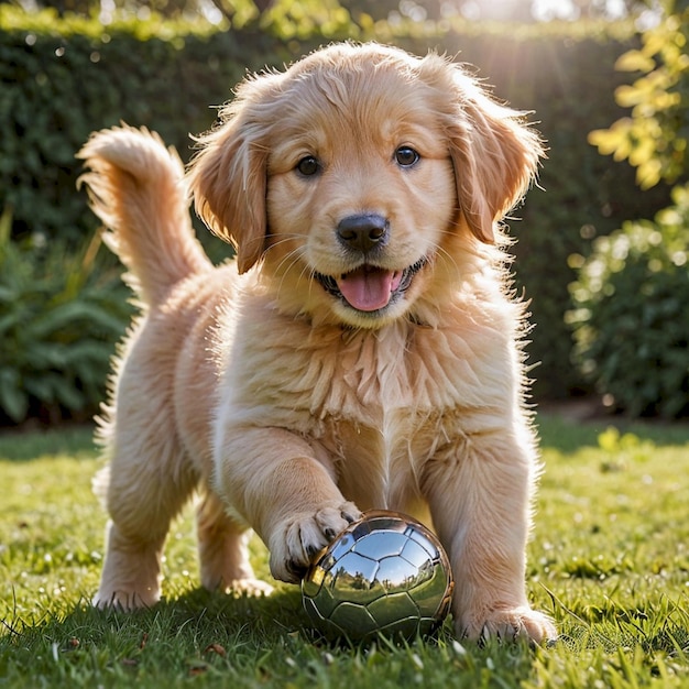 a golden retriever puppy with a ball in its mouth